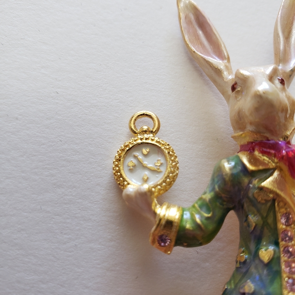 Kirks Folly White Rabbit Alice in Wonderland Enamel & Rhinestone Brooch - Picture 8 of 10